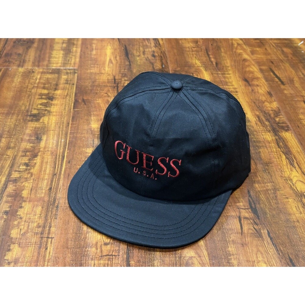 Vintage GUESS USA Black Cap Embroidered Spell Out Logo Snapback Hat - NOS!